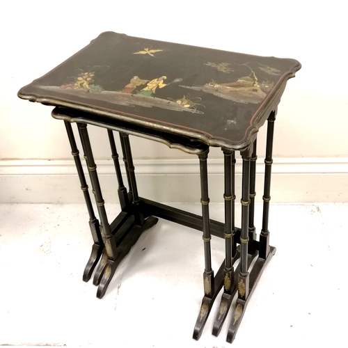 60 - Nest of Oriental lacquer tables with gilded scenes to the tops 54cm x 36cm x 63cm high. Some slight ... 