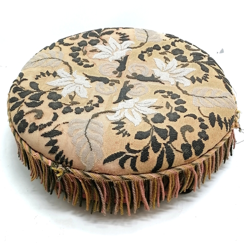 64 - Pair of antique circular beaded footstools 45cm diameter. Some losses to the beadwork