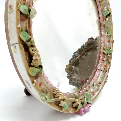 67 - 2 antique oval mirrors - 1 in porcelain (30cm x 24cm) & 1 barbola ~ both with obvious damage