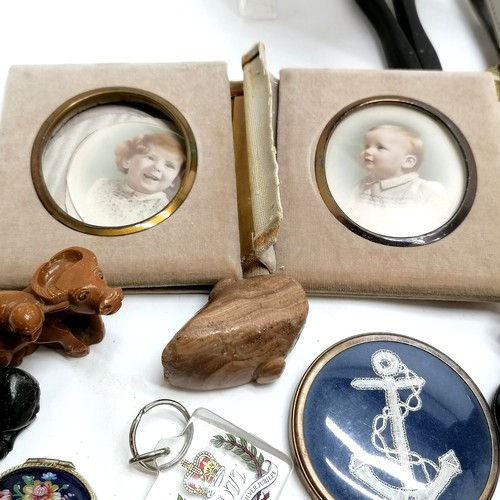 222 - Qty of oddments inc antique padlock, natural opal, portrait miniatures (?), Guinness rugby advertisi... 