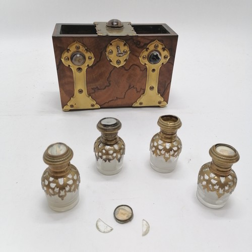 1 - Victorian coromandel & gilt metal 4 perfume bottle tantalus set with cabochon agate stones and retai... 