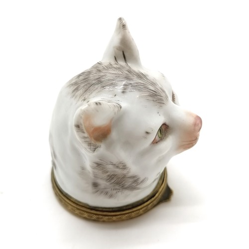 4 - Antique Meissen cat head snuff box with gilt metal hinged lid - 5cm diameter x 6.8cm high ~ no obvio... 