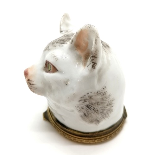 4 - Antique Meissen cat head snuff box with gilt metal hinged lid - 5cm diameter x 6.8cm high ~ no obvio... 