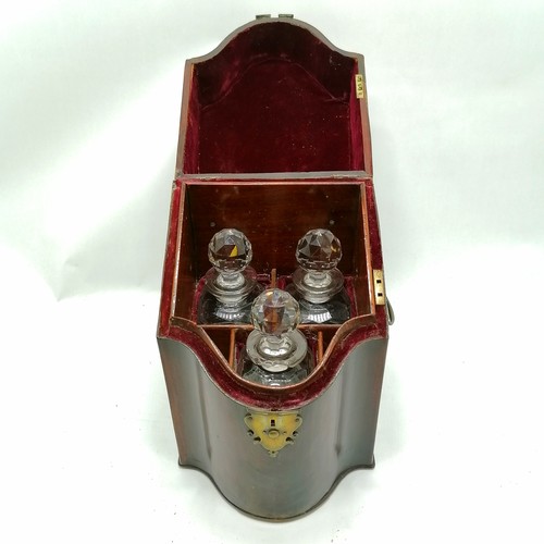 5 - Antique decanter box with brass mounts & 3 squared decanters (22cm high) - box 34cm high 22cm deep 2... 