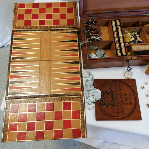 13 - Edwardian mahogany cased games compendium box (with key) - 34cm x 20cm x 10cm ~ chess & dominoes, tr... 