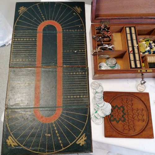 13 - Edwardian mahogany cased games compendium box (with key) - 34cm x 20cm x 10cm ~ chess & dominoes, tr... 