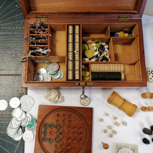 13 - Edwardian mahogany cased games compendium box (with key) - 34cm x 20cm x 10cm ~ chess & dominoes, tr... 