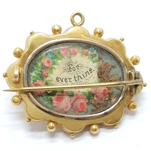 529 - Antique unmarked gold (touch tests as 14ct or higher) brooch / pendant with 'for ever thine' scrap i... 