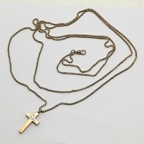 531 - Antique 9ct marked gold 168cm languard chain with gold cross pendant - 33g