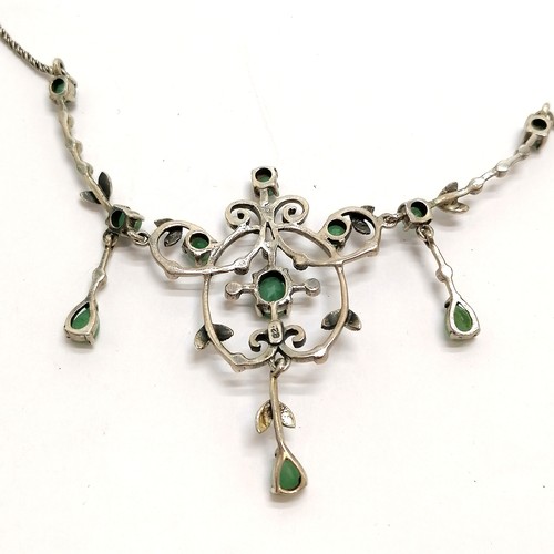 567 - 925 silver marked classical style green stone (test as emeralds?) and marcasite set necklace - 44cm ... 