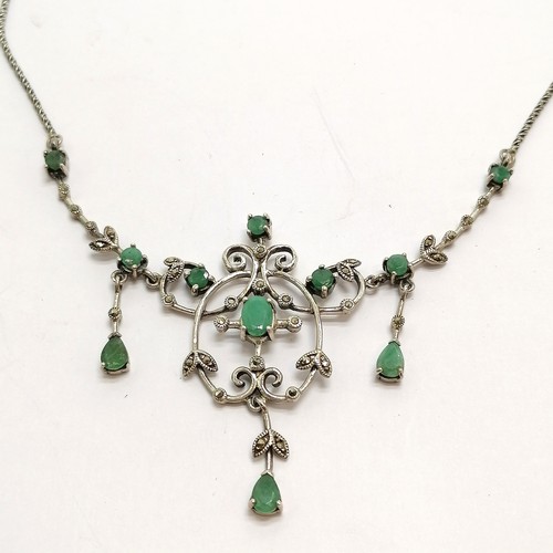 567 - 925 silver marked classical style green stone (test as emeralds?) and marcasite set necklace - 44cm ... 