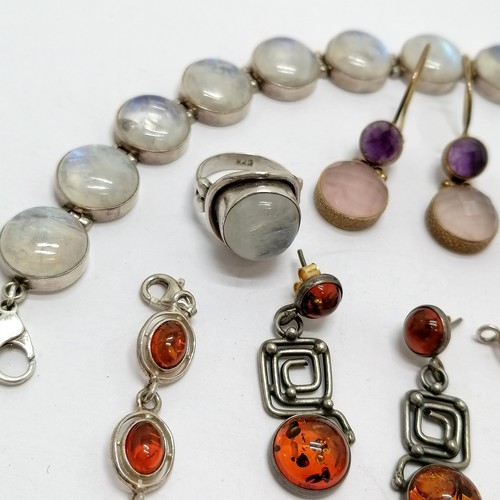 596 - Qty of silver jewellery set with amber & stones - amber bracelet 18cm ~ total weight 59g - SOLD ON B... 