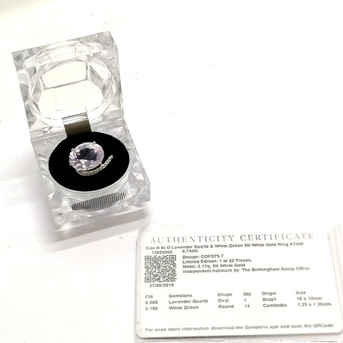 618 - 9ct hallmarked white gold lavender quartz (8.56cts & 16mm x 12mm) ring set with 14 white zircon ston... 