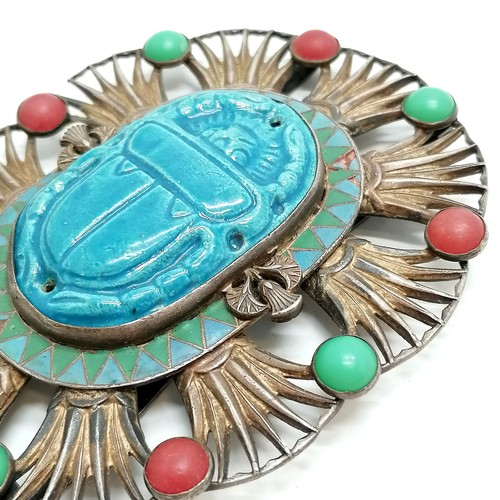 628 - Large Egyptian revival type belt / sash buckle with pottery scarab panel to centre, enamel and bead ... 