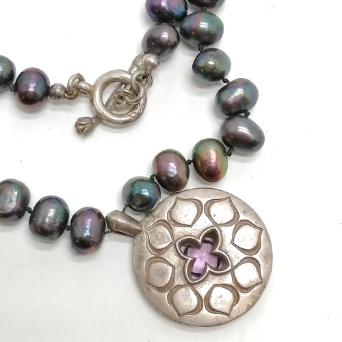 632 - Dower & Hall silver black baroque pearl necklace with an amethyst set pendant - 36cm long