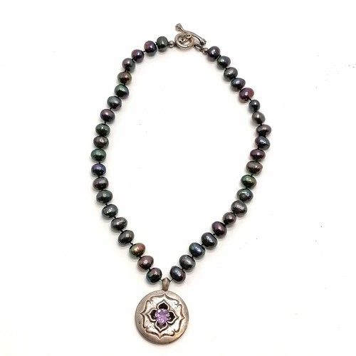 632 - Dower & Hall silver black baroque pearl necklace with an amethyst set pendant - 36cm long