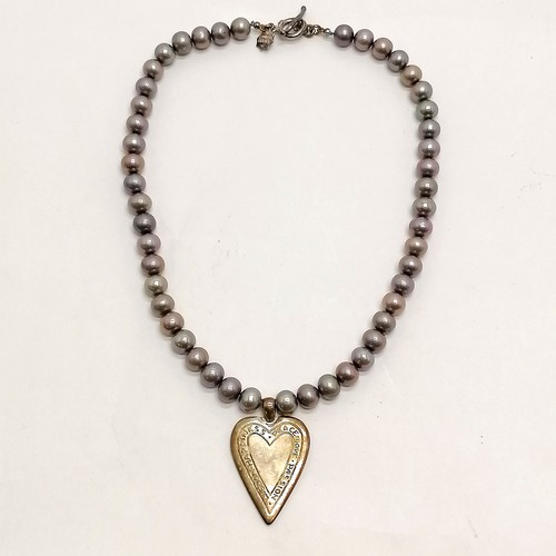 633 - Dower & Hall silver & grey baroque pearl necklace with heart pendant - 40cm long