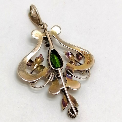 638 - 9ct marked gold green and purple stone set Art Nouveau design pendant - 4cm drop & 1.8g total weight