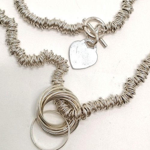 644 - Silver Links style necklace with heart detail and large interlinked rings pendant - 40cm long & 82g