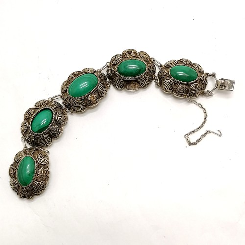 648 - Chinese silver filigree panel bracelet set with cabochon malachite - 18cm long & 47g total weight (1... 