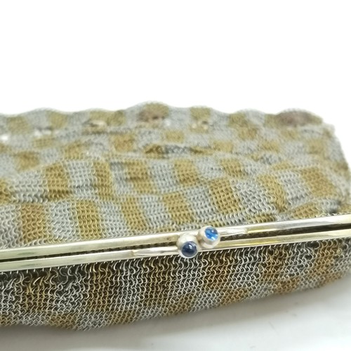 719 - Fine quality antique mesh evening bag with chequered detail, blue cabachone stone to clasp and chamo... 