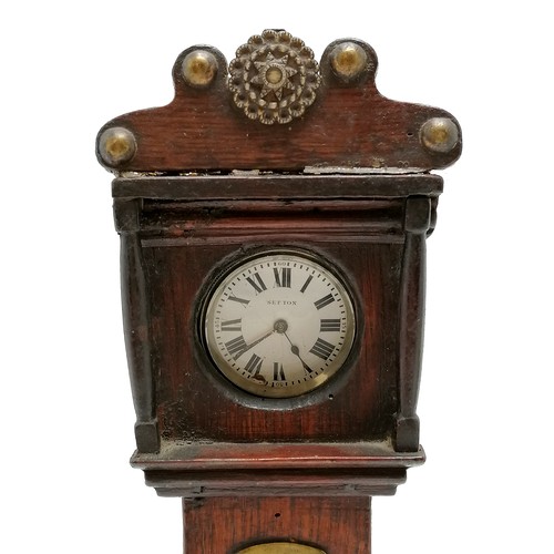 736 - Antique oak pocket watch stand as a grandfather clock with brass decertations and a Secton pocket wa... 