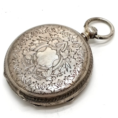 755 - Antique silver fob watch with engraved detail to 40mm case - has 1887 dedication to dustplate - for ... 