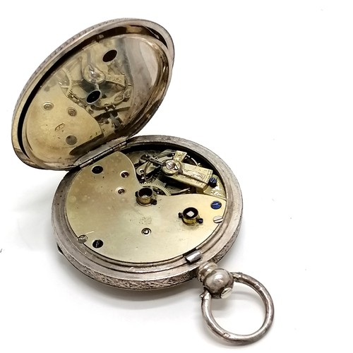 755 - Antique silver fob watch with engraved detail to 40mm case - has 1887 dedication to dustplate - for ... 