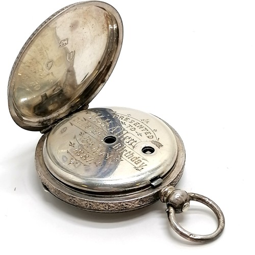 755 - Antique silver fob watch with engraved detail to 40mm case - has 1887 dedication to dustplate - for ... 