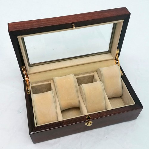 776 - Hardwood watch display box with bevelled glass to the lid 23cm x 13cm x 7.5cm high