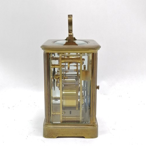 788 - Brass cased carriage clock with gong strike movement - 13cm high and has 2 keys - for spares / repai... 