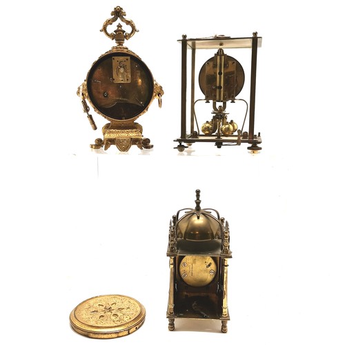 791 - Swiss gilt metal mantle clock with key 21cm high, Smiths brass 8 day lantern clock , Bentina Anniver... 