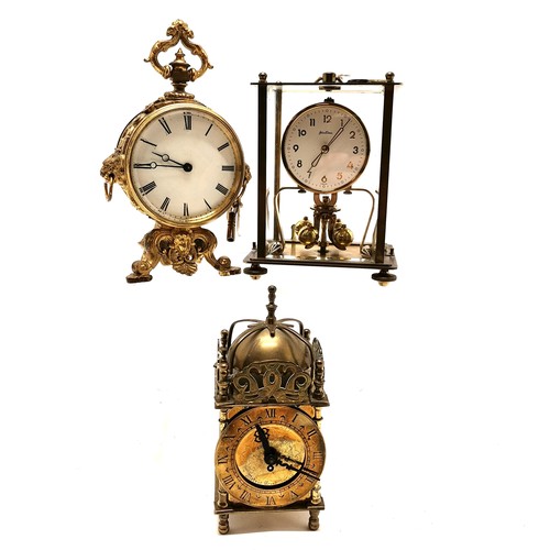 791 - Swiss gilt metal mantle clock with key 21cm high, Smiths brass 8 day lantern clock , Bentina Anniver... 