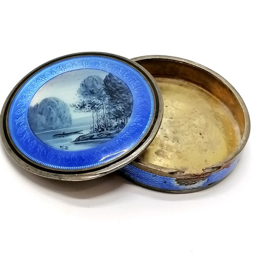 795 - Continental silver & guilloche enamel pot with hand painted inset lid of a lake scene signed WD - 4.... 