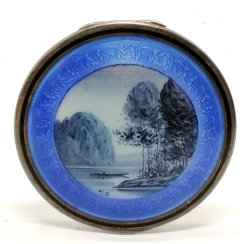 795 - Continental silver & guilloche enamel pot with hand painted inset lid of a lake scene signed WD - 4.... 