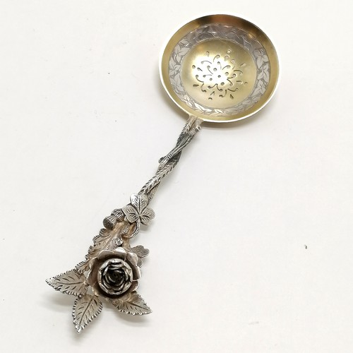 817 - Antique silver hallmarked sifting spoon by Stokes & Ireland Ltd with cast silver floral rose detail ... 