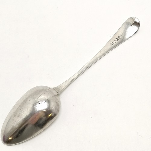 826 - Georgian silver hallmarked tablespoon initialled T W S - 21cm & 63g. has some wear