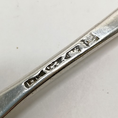 827 - Antique 1775 silver hallmarked tablespoon with initials G + D - 21cm & 78g. Has slight dents to bowl