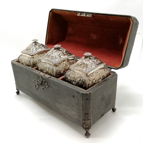 847 - 1766 George III silver set of 3 tea caddies by Samuel Taylor in original shagreen covered box (with ... 