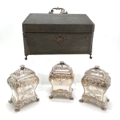 847 - 1766 George III silver set of 3 tea caddies by Samuel Taylor in original shagreen covered box (with ... 