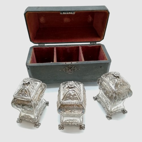 847 - 1766 George III silver set of 3 tea caddies by Samuel Taylor in original shagreen covered box (with ... 