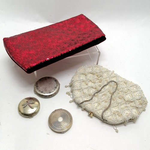 856 - Kigu sterling silver compact (6cm diameter & 70g total weight) t/w 2 compacts & 2 beaded bags - SOLD... 