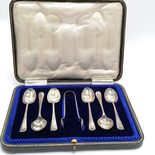 925 - Cased set of silver teaspoons (10.5cm) & tongs - 93g total ~ in original fitted case with no obvious... 