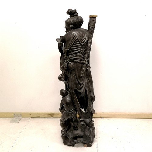 37 - Antique hand carved large Oriental figure of a man holding a fish with his son - 94cm high ~ has los... 