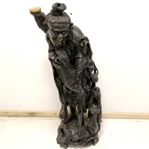 37 - Antique hand carved large Oriental figure of a man holding a fish with his son - 94cm high ~ has los... 