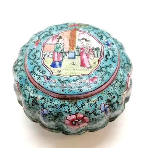 46 - 5 x Chinese cantonese enamel dishes & lidded box (9.5cm diameter) - all have faults