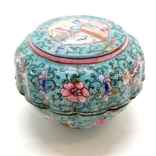 46 - 5 x Chinese cantonese enamel dishes & lidded box (9.5cm diameter) - all have faults