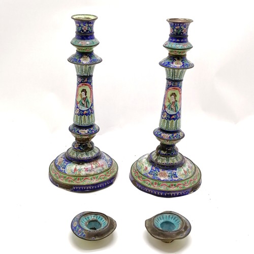 47 - Pair of antique Chinese cantonese enamel candlesticks with detachable sconces - 32cm high & both hav... 