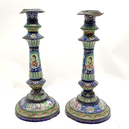 47 - Pair of antique Chinese cantonese enamel candlesticks with detachable sconces - 32cm high & both hav... 