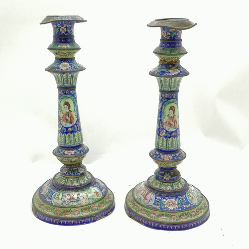 47 - Pair of antique Chinese cantonese enamel candlesticks with detachable sconces - 32cm high & both hav... 